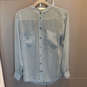 Equipment Women’s Blue Button Down Silk Shirt with Polka Dot Pattern